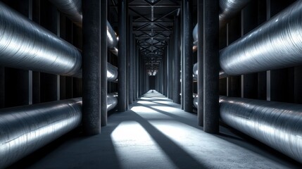 Industrial setting with intricate metal structures deep shadows and moody lighting highlighting the raw beauty of urban decay. Ruined city steel shadows.