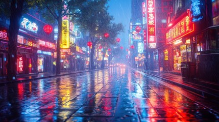 Rainy Night in China: Neon Lights Reflecting on Wet Streets