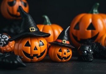 Spooky Halloween pumpkins dark moody lighting. AI Generated
