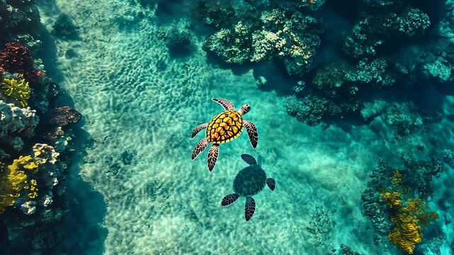 Aerial View of Two Sea Turtles Gracefully Swimming in a Vibrant Coral Reef Ecosystem