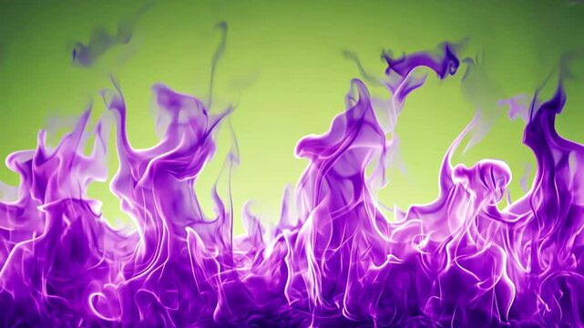 Vibrant purple flames rise against a soft green background.