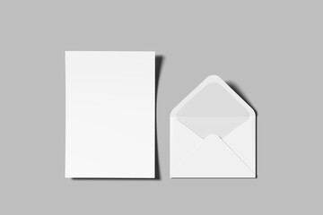 White blank sheets of a4 paper size or documents mockup on a gray background, with envelope mockup