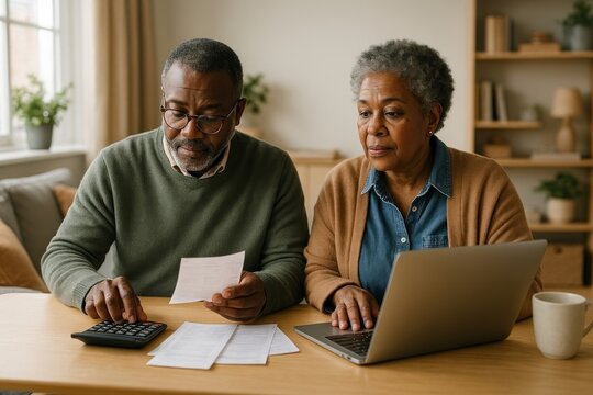 Elderly couple managing finances together.