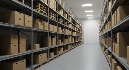 Obraz premium Warehouse aisle full of cardboard boxes bright overhead lighting. AI Generated