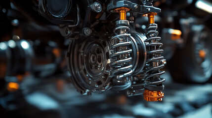Fototapeta premium Close up view of a complex mechanical system with springs and metal components in a dark setting