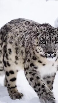 Slow motion video of snow leopard walking on snow.