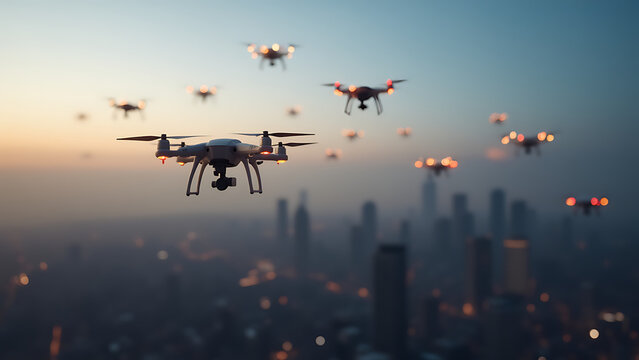 Autonomous Drone Swarm Flying Over City Skyline - Powered by Adobe