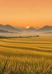 Obraz premium Golden Rice Fields Sunset Landscape Warm Hues. AI Generated