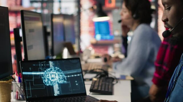 Call center employee using artificial intelligence chatbot to provide multilingual support to customers. Customer support operator leveraging AI tools to translate clients interactions, camera A