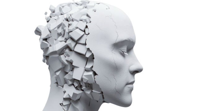 Fragmented human form artistic sculpture contemporary art studio profile view exploration of identity