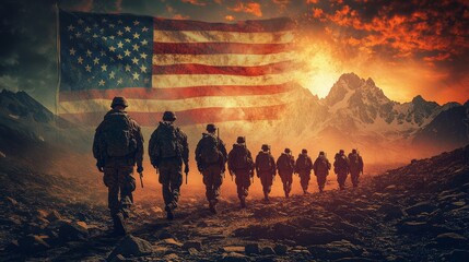 Soldiers marching at sunset with american flag and mountain backdrop