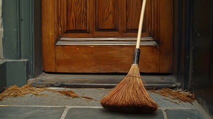 Professional image of broom resting on floor in front of door, symbolizing readiness and anticipation.