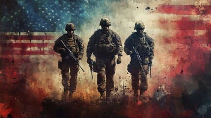 Three male soldiers with flags in background - military theme