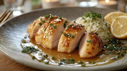 Glazed sliced chicken breast with noodles, lemon, garnish on a plate