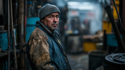 Obraz premium A man in a beanie and work jacket standing in a workshop surrounded by industrial equipment and tools