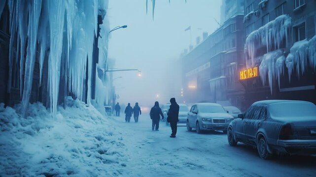 Winter Wonderland A Beautiful Foggy Street Scene Showcasing Ice and Snow Within a Chilly, Dreamy Atmosphere