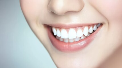 Obraz premium Smiling woman portrait studio photography bright background close-up dental health awareness