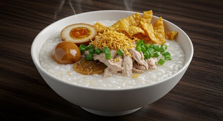 Steaming bowl of Asian congee with various delicious toppings on top