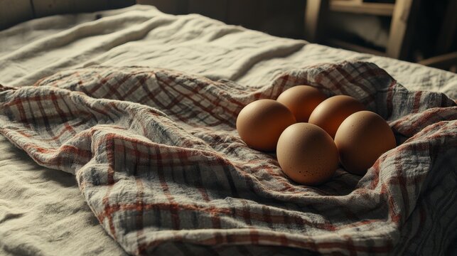 Close-up of fresh organic chicken eggs arranged on rustic linen tablecloth, sourced from local farmer market, representing natural food, farm produce, and World Egg Day celebration concept