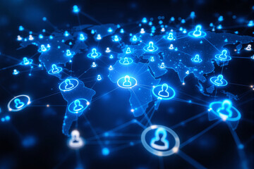 Glowing human icons connected over a world map in a futuristic graphic style on a dark background, concept of global communication and networking. Ai generative