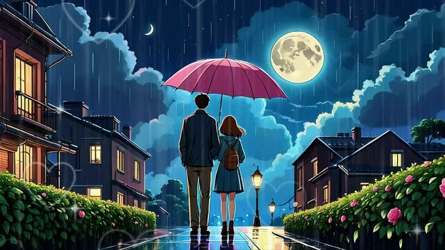 lofi love couple night love rain full moon 4k video couple walking in the city
