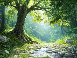Majestic Tree by Tranquil Stream in Lush Forest Setting