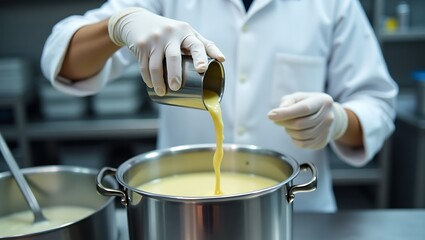 Culinary Craft: Chef Stirring a Creamy Blend in a Stainless Steel Pot Amid Kitchen Rush