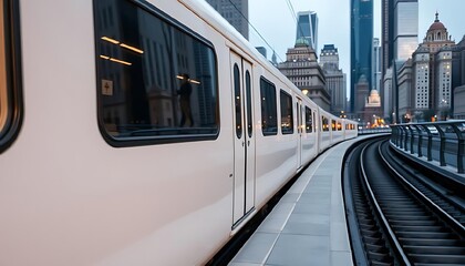 Naklejka premium A modern train traveling through a bustling urban cityscape with a blurred background. The sleek train cars gleam under the city lights