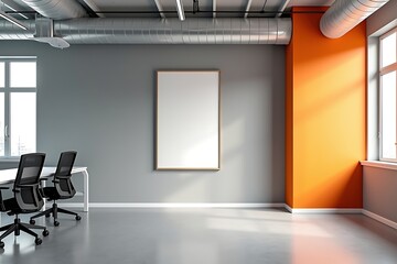 Modern office interior with large blank poster mockup displayed on stylish orange and gray wall background