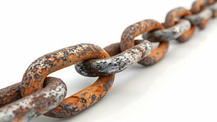Obraz premium A crisp photograph of a heavy-duty chain coiled neatly, industrial and robust, front-facing view,Industrial chain on a white background,Weathered Rusty Chain Isolated on White Background for Industria