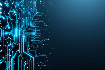 Glowing blue circuit lines on left side forming a digital pattern, futuristic graphic style, gradient blue background, concept of technology and innovation. Ai generative