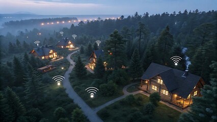 Night view of rural houses with glowing wireless icons representing high-speed internet and eco-friendly digital connectivity development