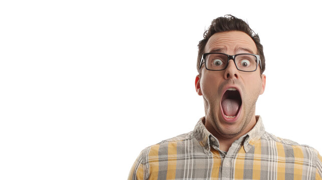 Surprised reaction studio setting portrait neutral background close-up emotional expression