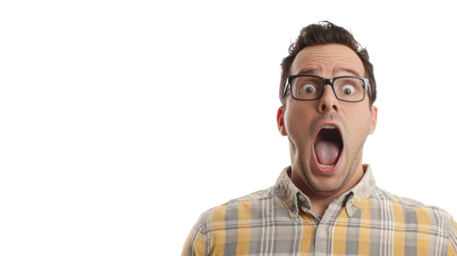 Surprised reaction studio setting portrait neutral background close-up emotional expression