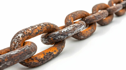 Obraz premium A crisp photograph of a heavy-duty chain coiled neatly, industrial and robust, front-facing view,Industrial chain on a white background,Weathered Rusty Chain Isolated on White Background for Industria