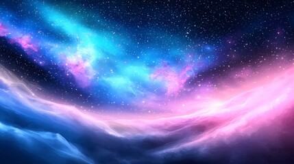 Beautiful fantasy starry night sky blue and purple colorful galaxy and aurora wallpaper. cosmic watercolor illustration. Colorful space background with stars. Cosmic wonder vibrant night