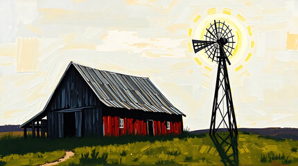 Rustic barn and windmill on a grassy hill at sunrise