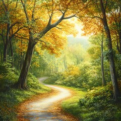 Fototapeta premium Serene Autumn Trail Through Golden Leaves in Lush Forest Landscape