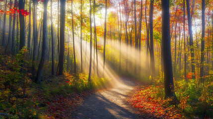 Obraz premium a cinematic photograph, A dirt path winding through the woods on a crisp fall afternoon. The ground is covered in vibrant leaves in shades of red, orange, and yellow, crunching underfoot. Towering tre