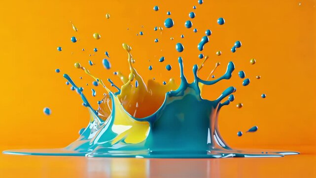 A vibrant splash of blue and yellow paint against an orange background.