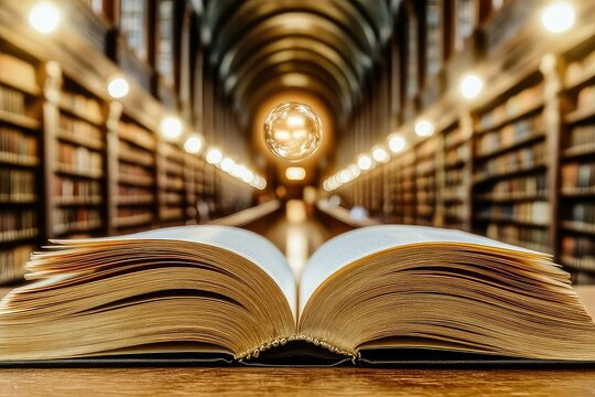 Open book in library with glowing lightbulb above