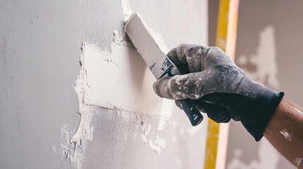 A construction worker repairing drywall at a building site. Featuring precision and care