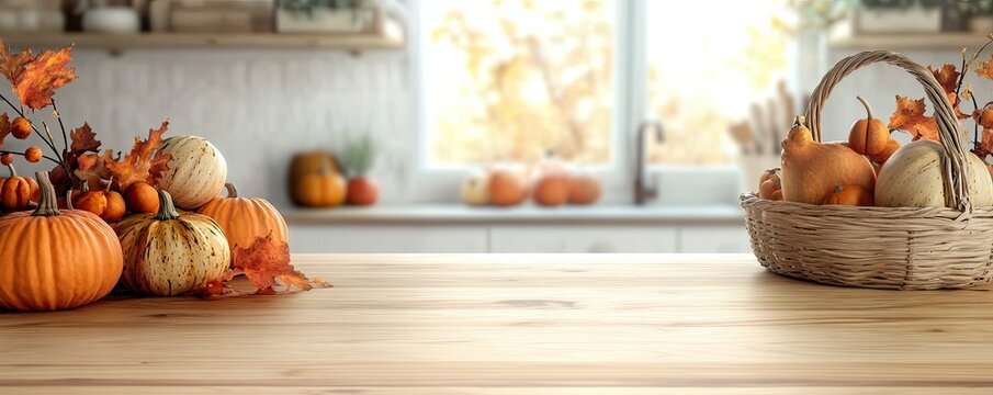 Pumpkins and Gourds on Kitchen Counter Perfect for Fall Themed Designs