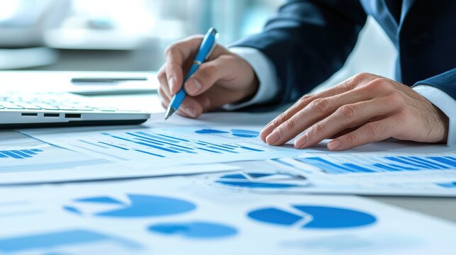 Analyzing business performance metrics office environment data charts professional setting close-up view