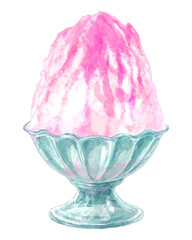 ガラスの器に入ったかき氷の水彩イラスト(ピンク・苺)