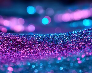 Neon glitter background. Grain texture. Defocused sparkles. Bokeh glow. Fluorescent blue magenta pink color gradient light shimmering sequin pattern. Abstract modern Purple Glitter