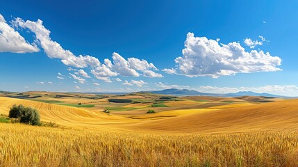 Obraz premium A vast wheat field with golden crops swaying under a blue sky.