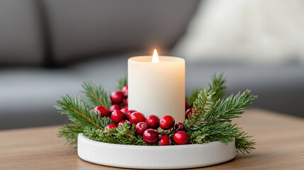 Candle centerpiece with cranberries and greenery creates warm holiday atmosphere, perfect for festive gatherings and celebrations