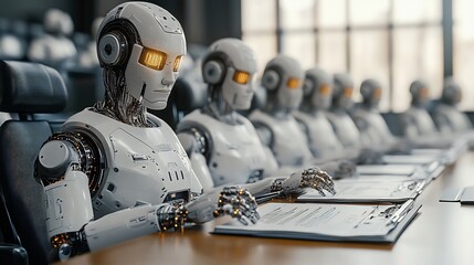 Robots attending a meeting and signing documents in an office setting
