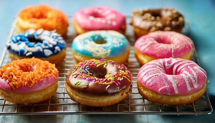 A variety of colorful donuts arranged in a box, featuring a mix of glazed, chocolate-coated, and sprinkled toppings. The assortment includes donuts with vibrant green, white, red, and chocolate